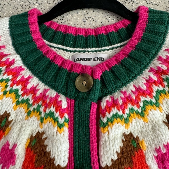 XL Lands End Lofty Birdseye Green and Pink Fair Isle chunky button up cardigan. - Picture 7 of 11